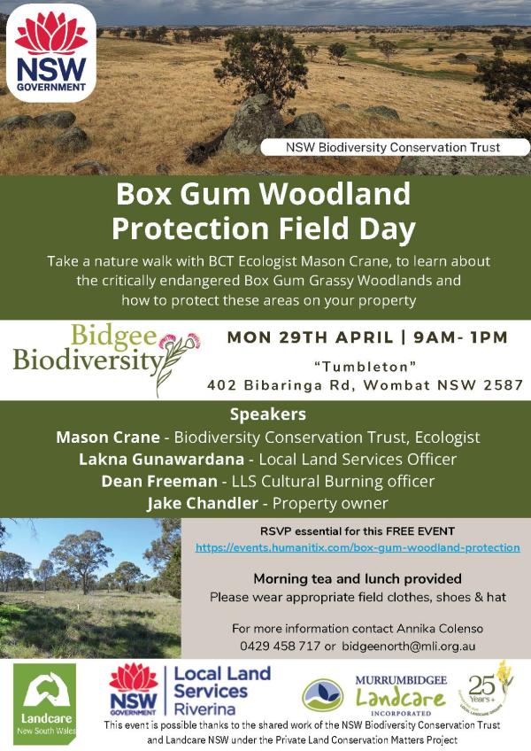 29 April Take a nature walk with BCT Ecologist Mason Crane, to learn about the critically endangered Box Gum Grassy Woodlands and how to protect these areas on your property