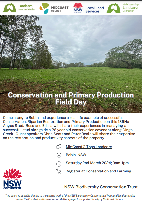 Conservation and Primary Production Field Day. Saturday 2nd March 2024; 9am-1pm