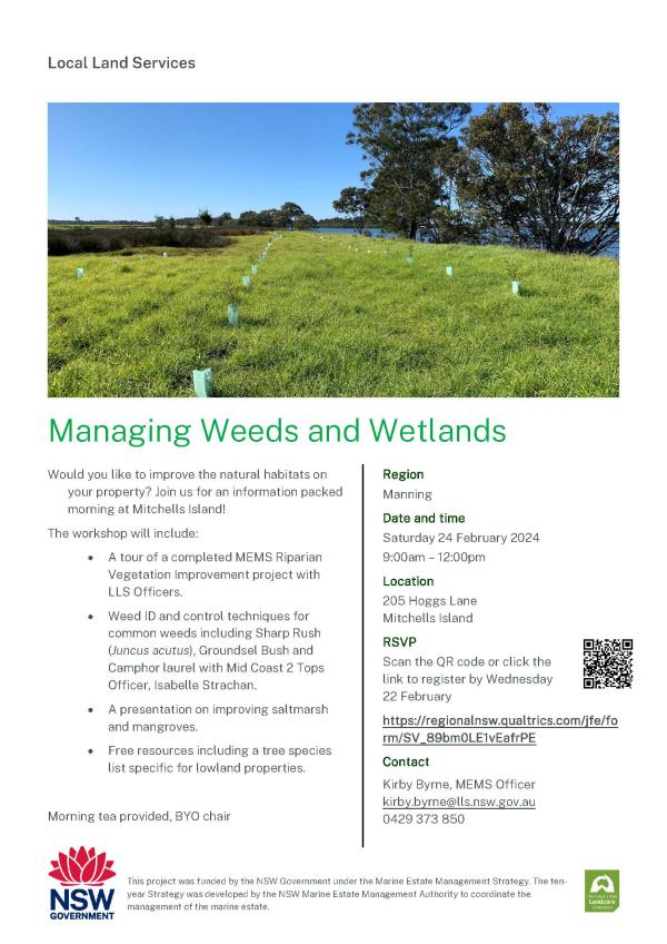 Managing Weeds and Wetlands  Saturday 24 February 2024 9:00am – 12:00pm Location 205 Hoggs Lane Mitchells Island